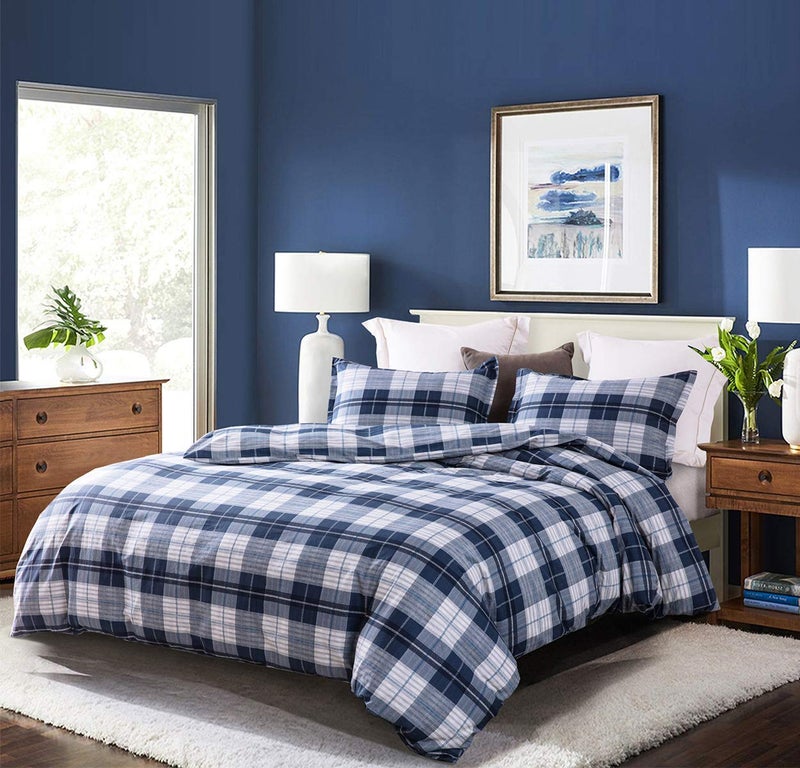 SLEEPBELLA Comforter Queen Size, 600 Thread Count Cotton Navy Blue & Grey Buffalo Pattern Blue Plaid Comforter Sets,Down Alternative Bedding Set 3Pcs (Queen, Navy Plaid) - Image 2